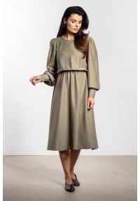 Infinite You - Elegancka sukienka rozkloszowana z bufiastym rękawem zielona. Okazja: na co dzień, do pracy. Kolor: zielony, brązowy. Styl: elegancki #4