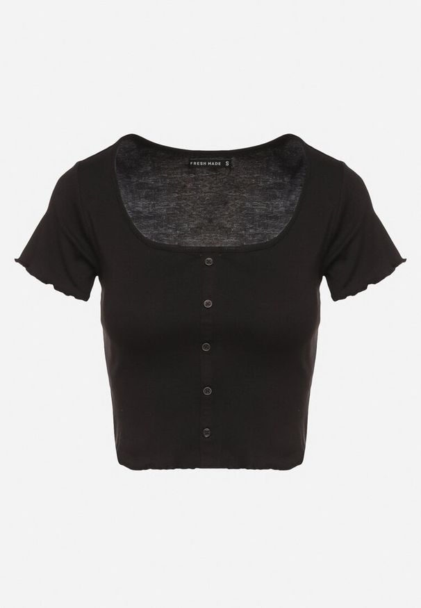 Born2be - Czarny Bawełniany T-shirt o Dopasowanym Kroju z Guzikami Filareina. Okazja: na co dzień. Kolor: czarny. Materiał: bawełna. Styl: klasyczny, elegancki, casual