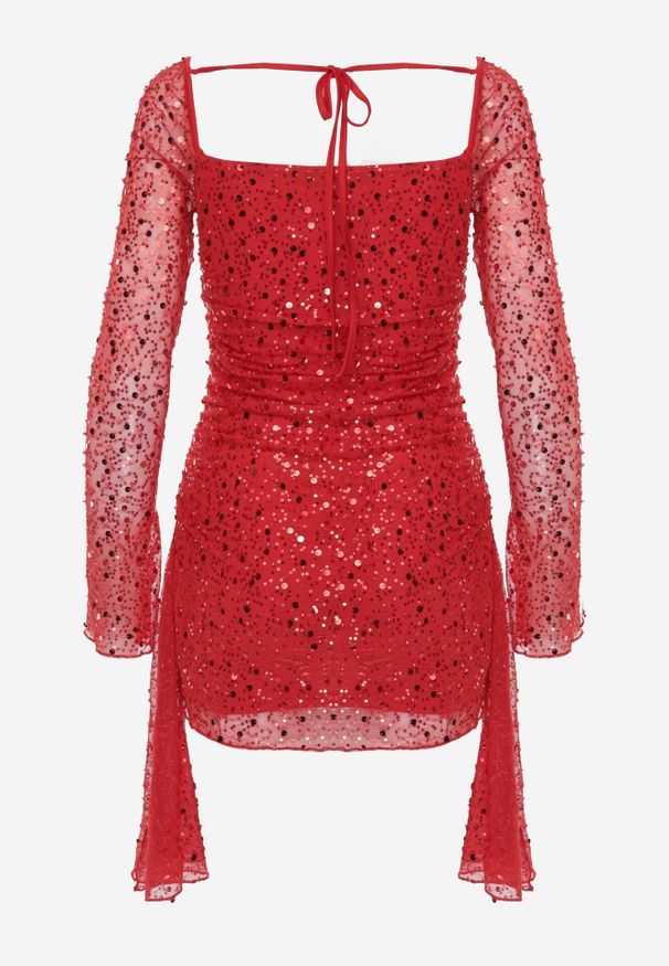 Born2be - Czerwona Cekinowa Sukienka VICES o Dopasowanym Kroju z Wiązaniem Adrasalphia. Kolor: czerwony. Styl: elegancki, klasyczny