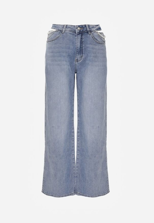 Renee - Niebieskie Jeansy Szerokie z Bawełny High Waist Ozdobione Perełkami i Wycięciami Nenelsea. Okazja: na co dzień. Stan: podwyższony. Kolor: niebieski. Wzór: aplikacja. Styl: casual