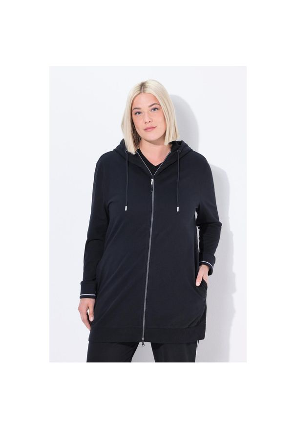 ULLA POPKEN - Damskie Bluza dresowa ozdobna lamówka oversize kaptur. Kolekcja: plus size. Kolor: czarny. Materiał: poliester, materiał, bawełna