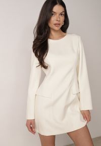 Born2be - Jasnobeżowa Elegancka Sukienka VICES o Trapezowym Kroju z Imitacją Kieszeni Amaliete. Okazja: na spotkanie biznesowe. Kolor: beżowy. Typ sukienki: trapezowe. Styl: elegancki #8