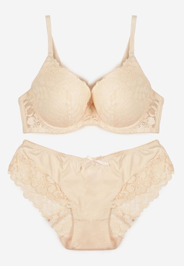 Born2be - Jasnobeżowy Komplet Biustonosz i Majtki Typu Figi Ozdobiony Koronką Ezivane. Kolor: beżowy. Materiał: koronka. Wzór: aplikacja, koronka