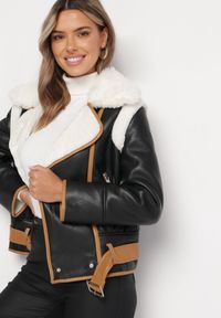 Born2be - Czarna Kurtka Pilotka z Beżową Lamówką z Kołnierzem z Futerkiem i Paskiem Divona. Kolor: czarny. Materiał: futro #4
