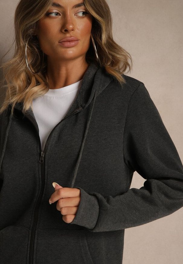 Renee - Ciemnoszara Bluza Rozpinana z Kapturem z Bawełną Ozdobiona Sznurkami Odiola. Okazja: na co dzień. Typ kołnierza: kaptur. Kolor: szary. Materiał: bawełna. Wzór: aplikacja. Styl: casual, sportowy