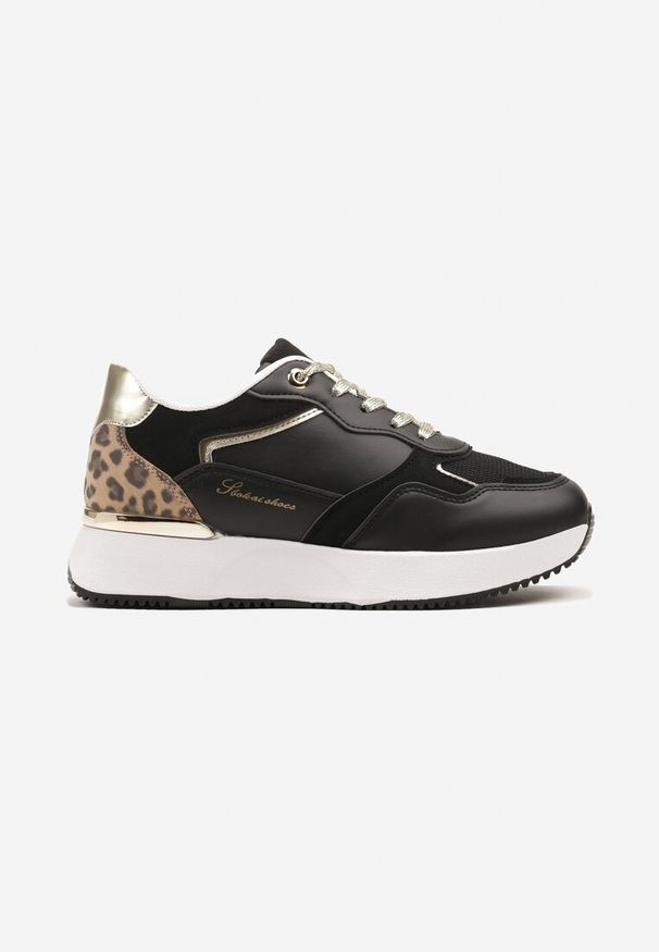 Renee - Czarne Sneakersy z Panterką i Napisem Raccaria. Kolor: czarny. Wzór: napisy, motyw zwierzęcy. Obcas: na platformie