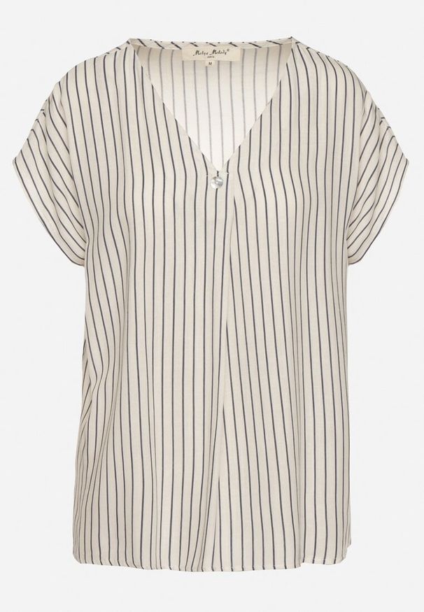 Born2be - Biało-Granatowa Bawełniana Bluzka z Guzikiem i Paskami Kolarira. Okazja: na co dzień. Kolor: biały. Materiał: bawełna. Długość rękawa: krótki rękaw. Długość: krótkie. Wzór: paski. Styl: klasyczny, casual