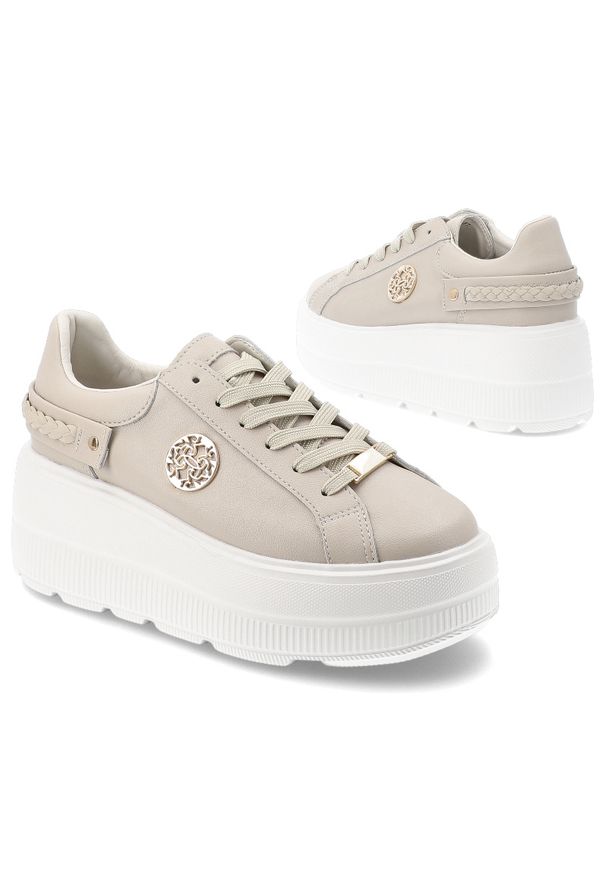 Sneakersy damskie S.Barski, ze skóry naturalnej licowej gruba podeszwa platforma sznurowane styl casual, beżowe, LR61-7095. Okazja: na co dzień. Zapięcie: sznurówki. Kolor: beżowy. Materiał: skóra. Szerokość cholewki: normalna. Obcas: na platformie