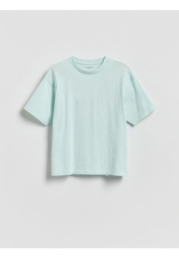 Reserved - Bawełniany t-shirt z nadrukiem - jasnoturkusowy. Kolor: turkusowy. Materiał: bawełna. Wzór: nadruk