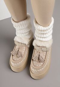 Born2be - Beżowe Śniegowce na Grubej Podeszwie z Frędzlami i Haftem Linodis. Okazja: na spacer, na co dzień. Kolor: beżowy. Materiał: jeans. Wzór: haft. Sezon: jesień. Styl: casual #4