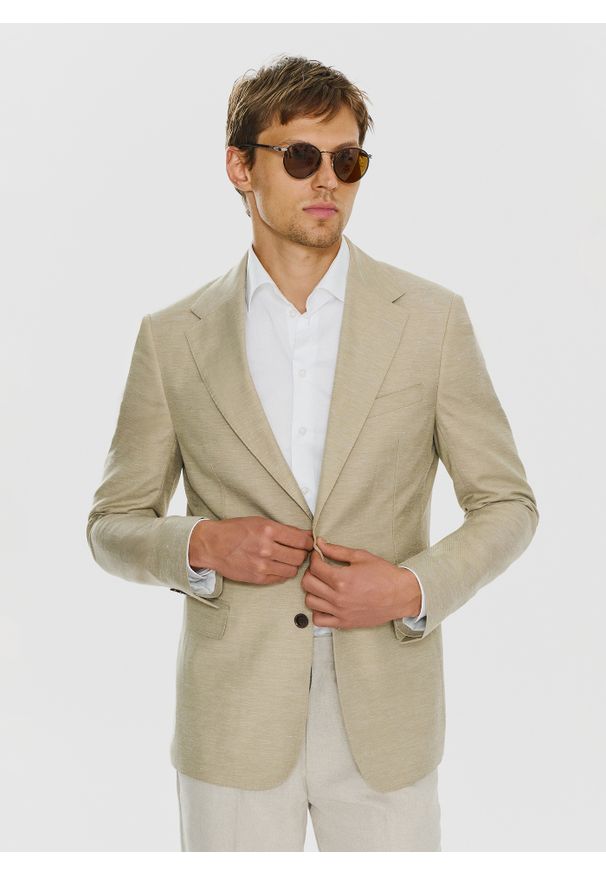 Pako Lorente - PAKO LORENTE – Beżowa marynarka z lnem. Kolor: niebieski, beżowy. Materiał: len. Wzór: gładki