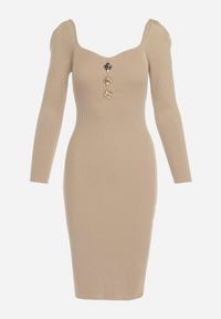 Born2be - Ciemnobeżowa Sukienka Midi z Prążkowanej Dzianiny z Ozdobnymi Guzikami przy Dekolcie Sarahilla. Kolor: beżowy. Materiał: prążkowany, dzianina. Długość: midi #4