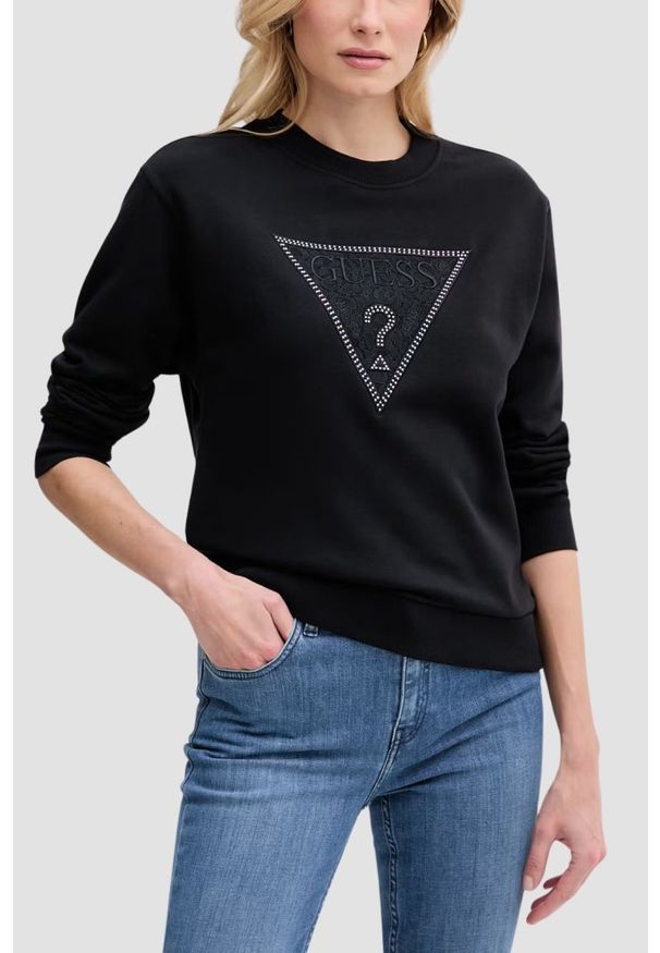 Guess - GUESS Czarna bluza damska z cyrkoniami Triangle Lace, Rozmiar XS. Okazja: na co dzień. Kolor: czarny. Materiał: jeans, dresówka. Wzór: aplikacja. Styl: elegancki, casual, klasyczny
