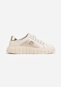 Renee - Beżowo-Złote Sneakersy Skórzane z Chunky Podeszwą i Metalicznymi Wstawkami Volla. Okazja: na co dzień. Zapięcie: sznurówki. Kolor: beżowy. Materiał: skóra. Szerokość cholewki: normalna. Wzór: gładki #4