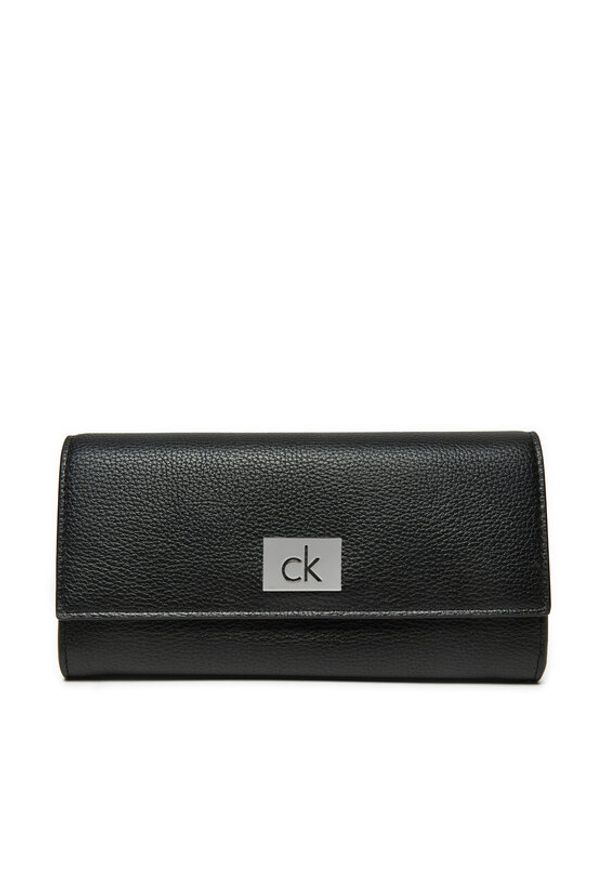 Calvin Klein Duży Portfel Damski Ck Plaque Large Trifold K60K612839 Czarny. Kolor: czarny. Materiał: skóra