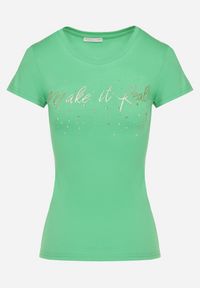 Born2be - Zielony Bawełniane T-shirt z Cyrkoniami i Napisem Readia. Okazja: na co dzień. Kolor: zielony. Materiał: bawełna. Wzór: napisy. Styl: klasyczny, casual #5