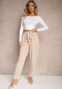 Renee - Beżowe Spodnie High Waist Ozdobione Wiązanym Paskiem Araleira. Okazja: na co dzień, na spacer. Stan: podwyższony. Kolor: beżowy. Materiał: jedwab. Długość: długie. Wzór: aplikacja. Sezon: wiosna. Styl: casual