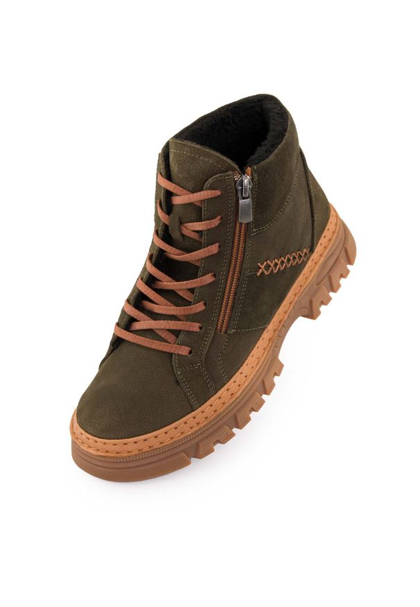 ENELL - Zimowe buty Nell Kaki dla kobiet - Wodoodporne i wygodne. Kolor: zielony. Materiał: syntetyk, skóra, materiał. Sezon: zima. Styl: sportowy, elegancki
