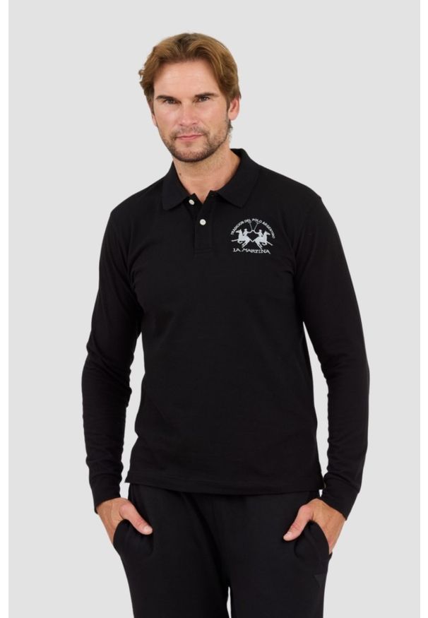 La Martina - LA MARTINA Czarny męski longsleeve polo Piquet Stretch, Rozmiar XXL. Typ kołnierza: polo. Kolor: czarny. Długość rękawa: długi rękaw