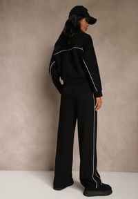 Renee - Czarny Komplet Dresowy w Stylu Retro Spodnie Wide Leg i Bluza ze Stójką Sewelia. Kolor: czarny. Materiał: dresówka #2