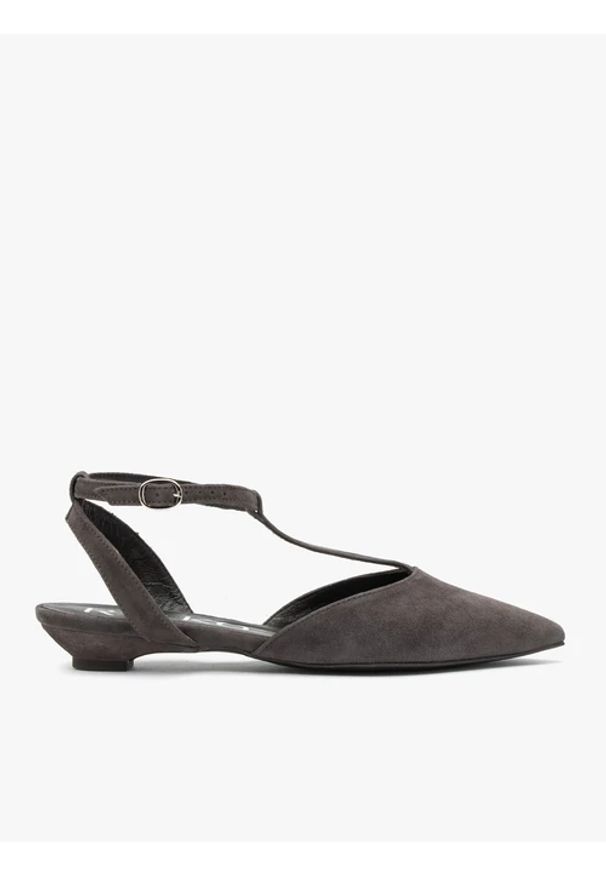 Ryłko - Ciemnobrązowe baleriny bez pięty T-bar. Okazja: na co dzień. Zapięcie: bez zapięcia. Kolor: brązowy. Materiał: skóra, welur. Obcas: na obcasie. Styl: casual, street, elegancki