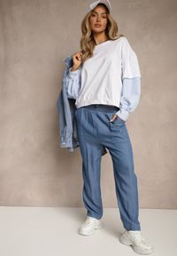 Renee - Granatowe Spodnie z Bawełną High Waist Ozdobione Wiązaniem Calwia. Stan: podwyższony. Kolor: niebieski. Materiał: bawełna. Wzór: aplikacja. Sezon: lato #4