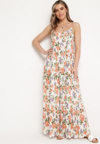 Born2be - Biało-Różowa Sukienka z Wiskozy na Cienkich Ramiączkach z Falbanką Jrinesa. Kolor: biały. Materiał: wiskoza. Długość rękawa: na ramiączkach. Sezon: lato #4