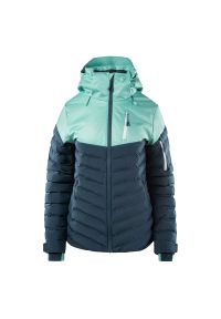 Kurtka narciarska damska Elbrus Estella W - zielona, Rozmiar XL. Typ kołnierza: kołnierzyk stójkowy. Kolor: zielony. Materiał: tkanina, poliester, materiał. Technologia: Primaloft. Długość: długie. Sezon: zima. Sport: narciarstwo