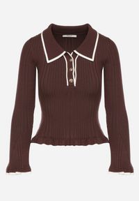 Born2be - Brązowy Sweter z Wiskozą w Stylu Retro z Kołnierzykiem i Guzikami Sarrise. Okazja: na spotkanie biznesowe, do pracy, na co dzień. Typ kołnierza: kołnierz z falbankami. Kolor: brązowy. Materiał: wiskoza. Wzór: aplikacja. Styl: retro #3