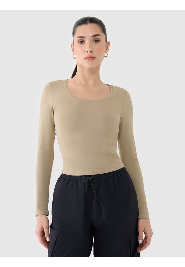 4f - 4F Longsleeve slim gładki damski - beżowy XL. Okazja: na co dzień. Kolor: beżowy. Materiał: dzianina, syntetyk, jersey, materiał, elastan. Długość rękawa: długi rękaw. Długość: długie. Wzór: gładki. Styl: klasyczny, sportowy, casual