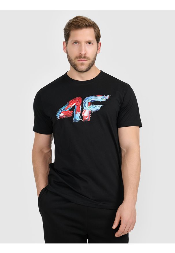 4f - 4F T-shirt regular z nadrukiem męski - czarny L. Okazja: na co dzień. Kolor: czarny. Materiał: materiał, dzianina, bawełna. Wzór: nadruk. Styl: casual