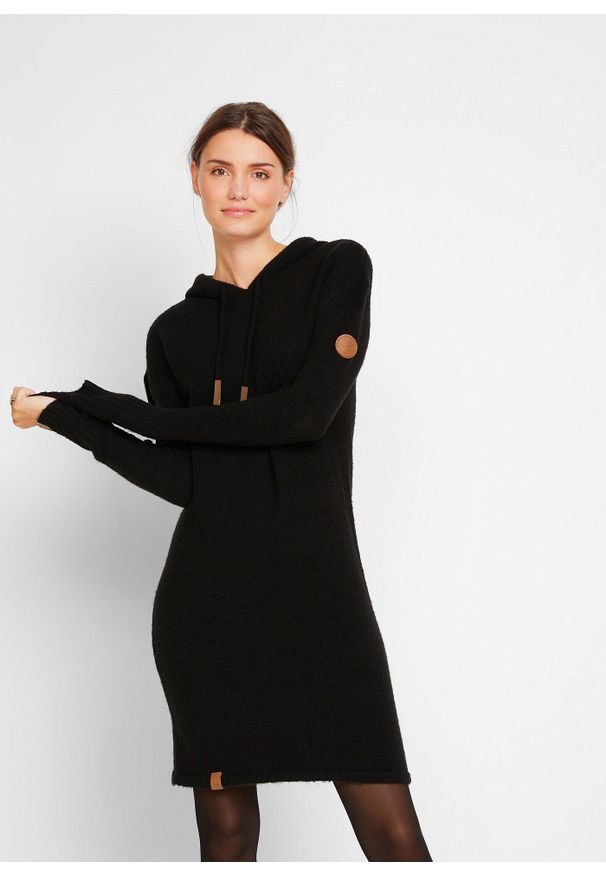 bonprix - Sukienka dzianinowa z kapturem. Typ kołnierza: kaptur. Kolor: czarny. Materiał: dzianina