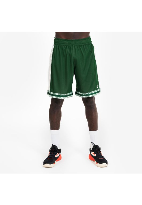 TARMAK - Dwustronne spodenki do koszykówki Kipsta 500. Kolor: wielokolorowy, beżowy, zielony. Materiał: tkanina, poliester, materiał, prążkowany. Sport: koszykówka