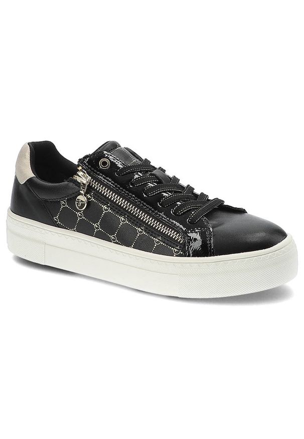 Czarne Sneakersy Tamaris Modne Buty Damskie. Okazja: na co dzień, na spacer. Zapięcie: sznurówki. Kolor: czarny. Materiał: jeans, lakier, skóra ekologiczna, materiał. Szerokość cholewki: normalna. Wzór: geometria, aplikacja, nadruk. Sport: turystyka piesza