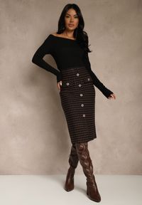 Renee - Czarna Tweedowa Spódnica Ołówkowa w Kratę z Guzikami Aretusa. Okazja: na spotkanie biznesowe. Stan: podwyższony. Kolor: czarny. Styl: biznesowy #5