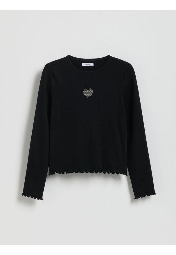 Reserved - Prążkowana bluzka z aplikacją - czarny. Kolor: czarny. Materiał: prążkowany. Wzór: aplikacja