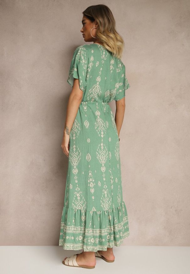 Renee - Zielona Rozkloszowana Sukienka z Falbanką w Print Boho z Wiskozą Tunova. Okazja: na co dzień. Typ kołnierza: dekolt w serek. Kolor: zielony. Materiał: wiskoza. Długość rękawa: długi rękaw. Wzór: nadruk. Styl: boho