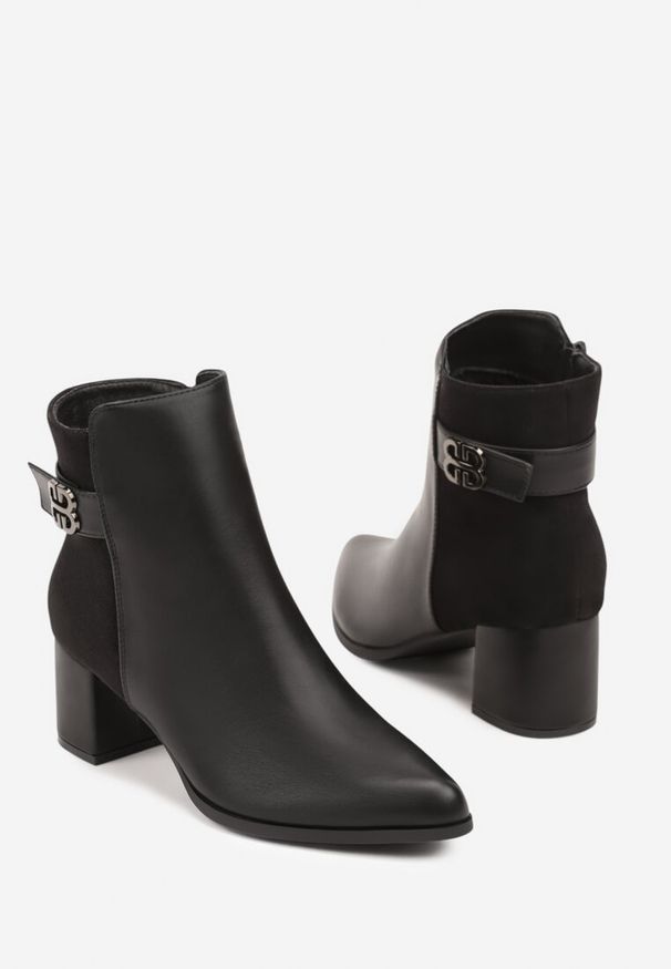 Born2be - Czarne Botki na Obcasie z Geometryczną Klamrą Nalossa. Okazja: na imprezę, na co dzień. Zapięcie: klamry. Kolor: czarny. Materiał: jeans. Wzór: geometria. Obcas: na obcasie. Styl: klasyczny, casual, elegancki. Wysokość obcasa: średni