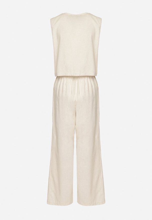 Born2be - Beżowy Bawełniany Komplet Kamizelka w Hafty i Szerokie Spodnie Ralivera. Kolor: beżowy. Materiał: bawełna. Wzór: haft