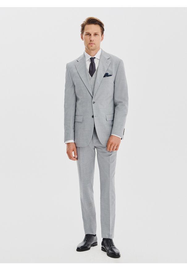 Pako Lorente - PAKO LORENTE - Gładki szary garnitur męski. Kolor: szary. Materiał: wełna, poliester. Wzór: gładki