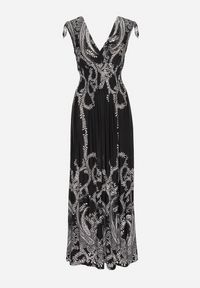 Born2be - Czarna Sukienka z Ornamentalnym Wzorem Gumką w Talii i Sznurkami na Ramionach Avemina. Kolor: czarny. Styl: klasyczny, elegancki #4