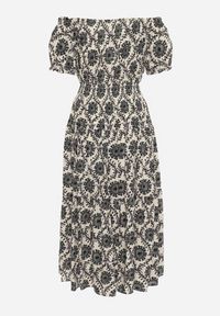 Born2be - Szaro-Beżowa Wiskozowa Sukienka Hiszpanka z Gumką w Pasie i przy Rękawkach Yilalama. Okazja: na co dzień. Typ kołnierza: dekolt hiszpanka. Kolor: szary. Materiał: wiskoza. Długość rękawa: krótki rękaw. Styl: casual #7