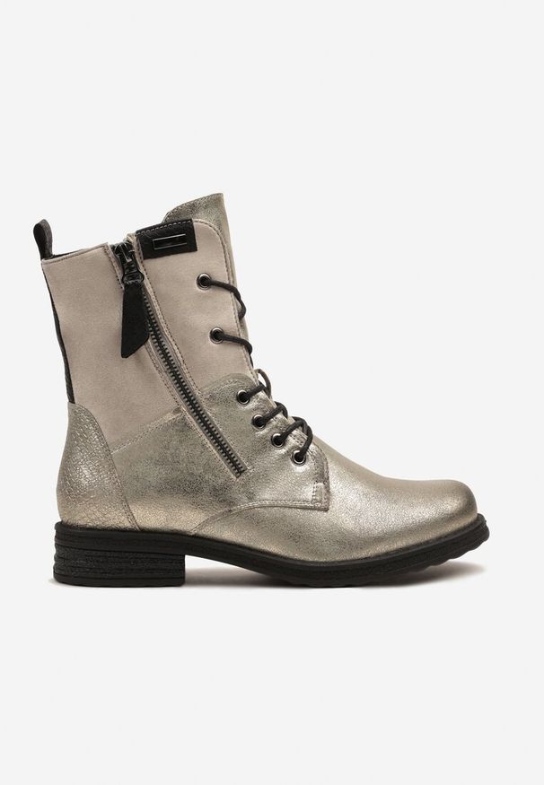 Born2be - Szaro-Złote Botki Workery ze Sznurowaniem i Zapięciem na Suwak Vemida. Okazja: na co dzień. Zapięcie: sznurówki. Kolor: szary. Materiał: jeans. Obcas: na obcasie. Styl: klasyczny, casual, elegancki. Wysokość obcasa: niski
