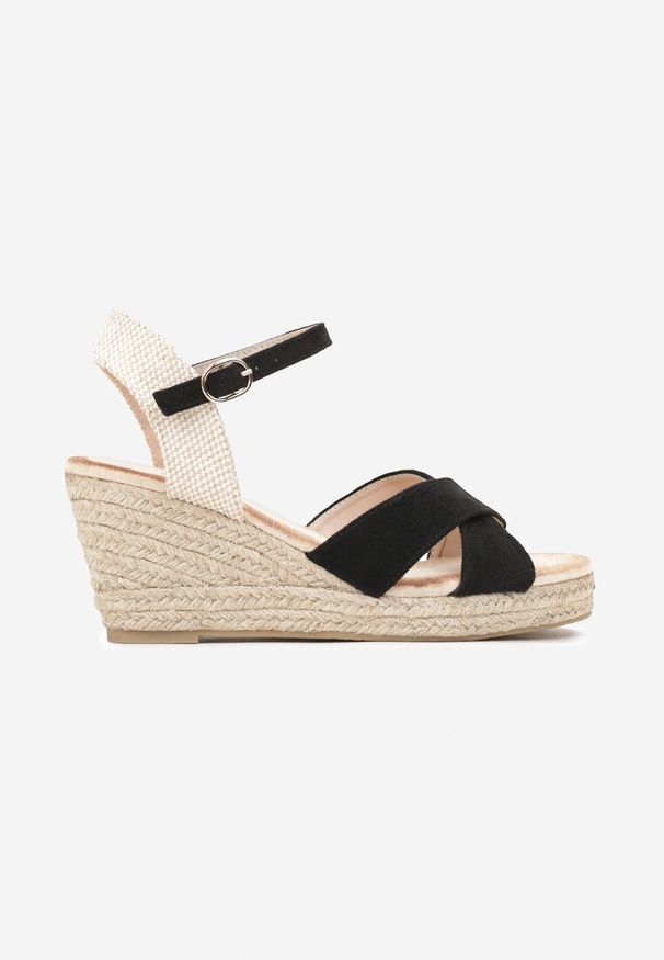Born2be - Czarne Sandały w Stylu Espadryli na Plecionym Koturnie Timiva. Nosek buta: otwarty. Kolor: czarny. Wzór: aplikacja. Obcas: na koturnie