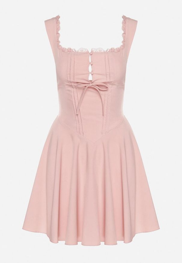 Born2be - Różowa Rozkloszowana Sukienka Vices w Rustykalnym Stylu z Wiązaniem Gorsetowym Foliora. Okazja: na co dzień. Typ kołnierza: dekolt gorset. Kolor: różowy. Długość rękawa: na ramiączkach. Typ sukienki: gorsetowe. Styl: elegancki, klasyczny, casual