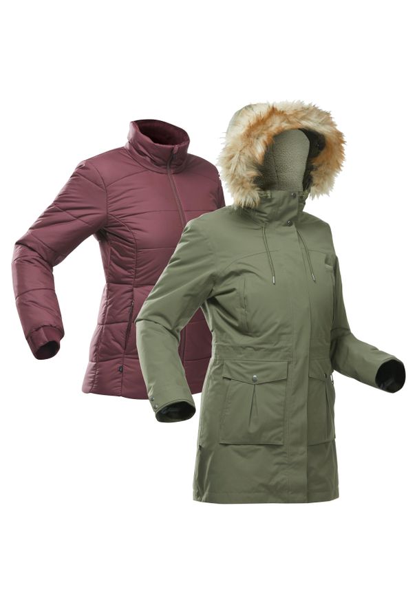 FORCLAZ - Kurtka trekkingowa damska 3 w 1, Forclaz Travel 900, wodoodporna, -15°. Kolor: brązowy, wielokolorowy, zielony, czerwony. Materiał: materiał, poliester, tkanina, futro. Sezon: zima. Sport: turystyka piesza