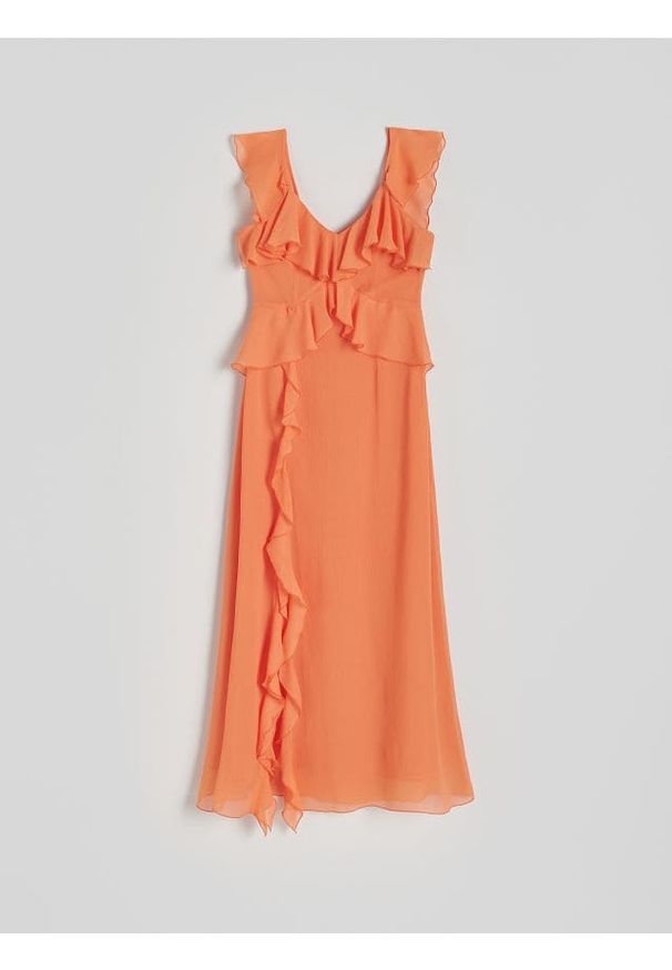 Reserved - Sukienka midi - pomarańczowy. Kolor: pomarańczowy. Materiał: tkanina. Długość: midi
