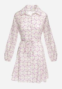Born2be - Fioletowo-Beżowa Bawełniana Sukienka Mini w Geometryczny Wzór Frenia. Kolor: fioletowy. Materiał: bawełna. Długość rękawa: długi rękaw. Wzór: geometria. Typ sukienki: rozkloszowane, koszulowe. Styl: elegancki. Długość: mini #6