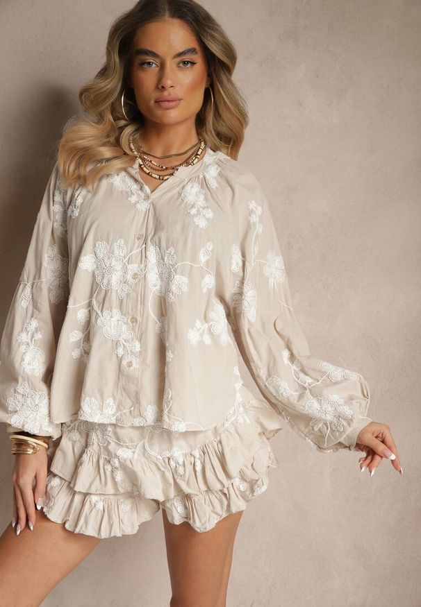 Renee - Beżowy Komplet z Bawełny Spódnico-Spodenki i Koszula z Szerokimi Rękawami Savalene. Kolor: beżowy. Materiał: bawełna. Wzór: kwiaty