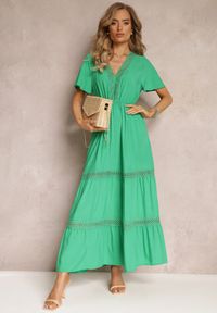 Renee - Zielona Sukienka Ilythyrra. Kolor: zielony. Materiał: tkanina, koronka. Długość rękawa: krótki rękaw. Wzór: aplikacja, koronka. Typ sukienki: proste. Styl: boho. Długość: midi #5